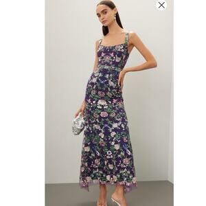 MARCHESA NOTTE Purple Moody Floral Lace Overlay A-Line Embroidered Dress sz 8